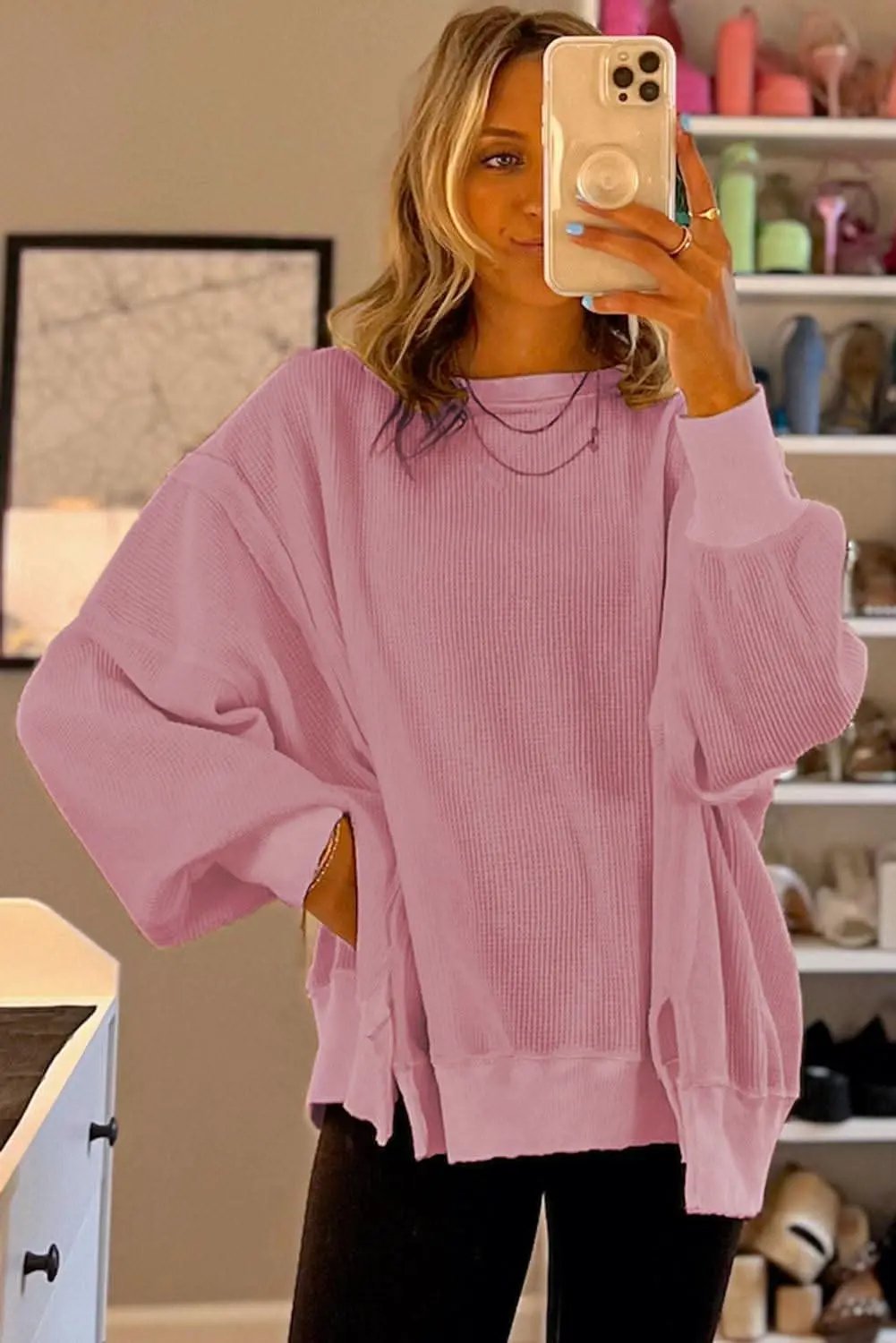 Love Salve Pink Waffle Knit Bishop Sleeve Split Oversized Swe