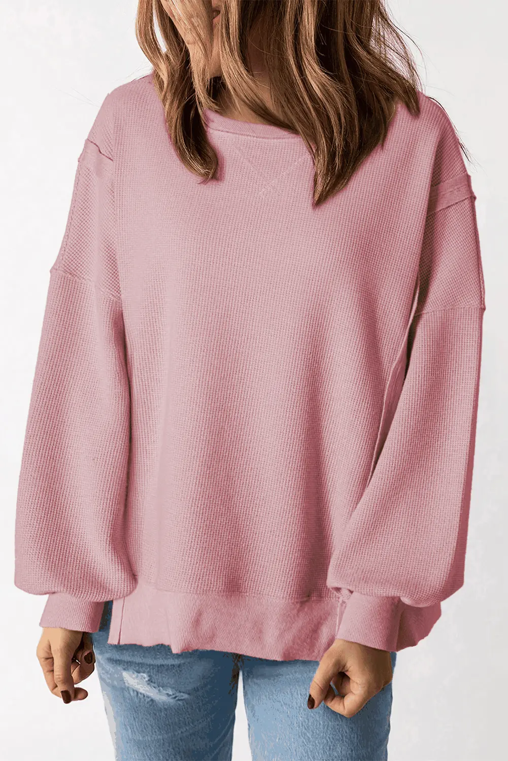 Love Salve Pink Waffle Knit Bishop Sleeve Split Oversized Swe