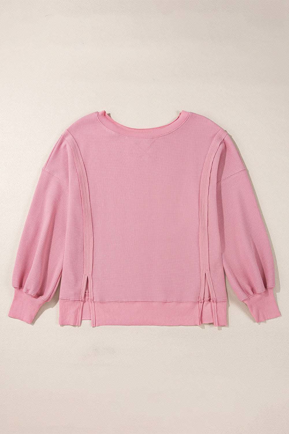 Love Salve Pink Waffle Knit Bishop Sleeve Split Oversized Swe