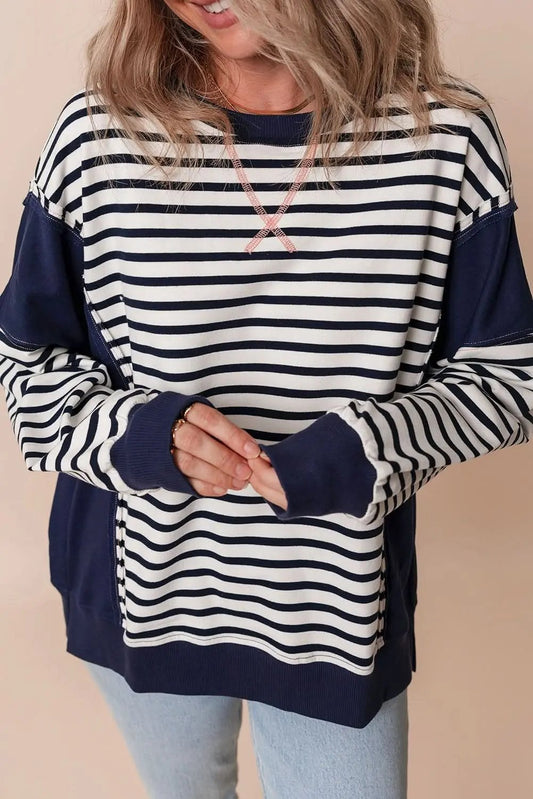 Women's Sweatshirt - Stripe Color Block - Casual Loose Fit Winter Style