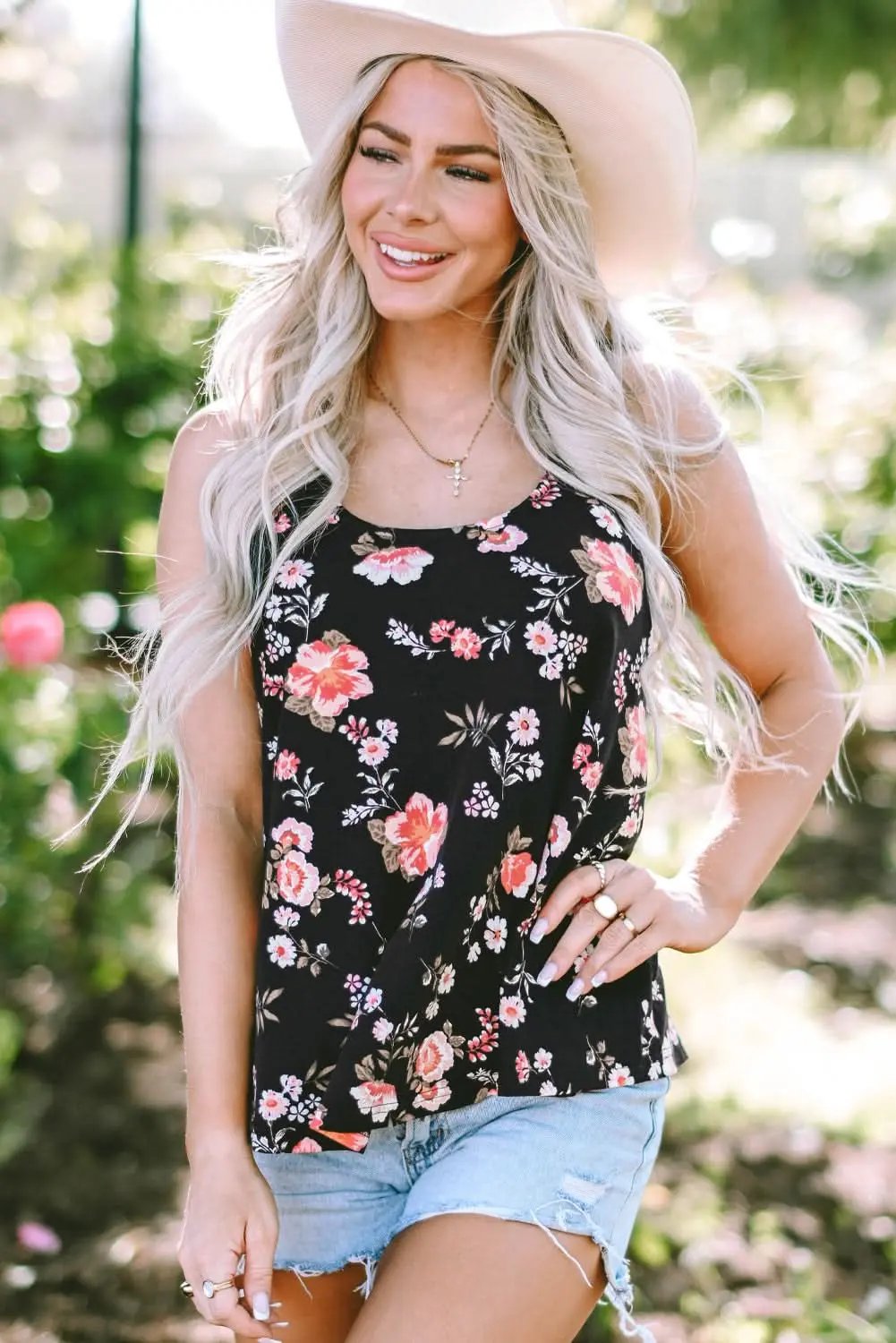 Love Salve Black Floral Tank Top Women's Bohemian Summer Top Strappy Back Cute