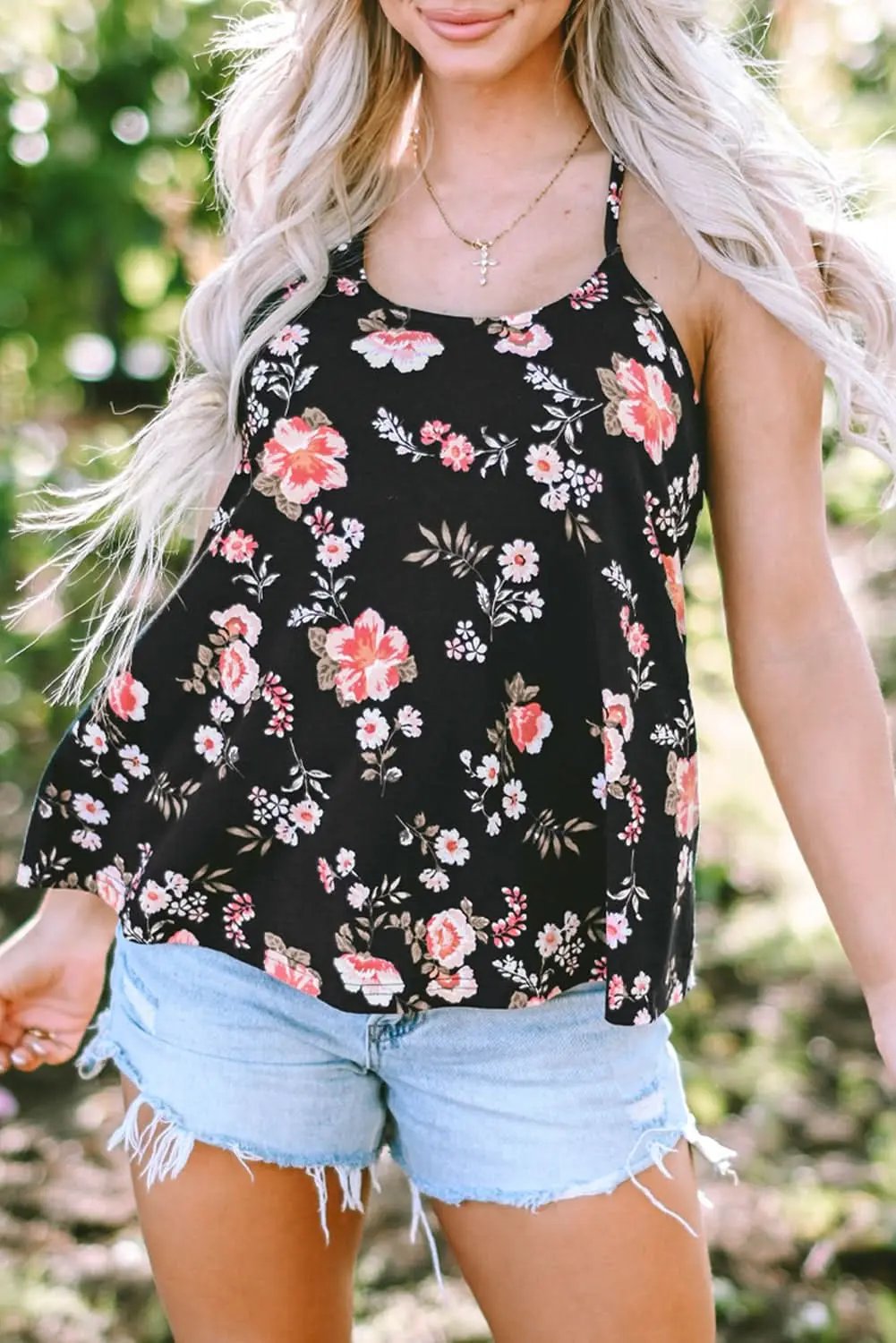 Love Salve Black Floral Tank Top Women's Bohemian Summer Top Strappy Back Cute