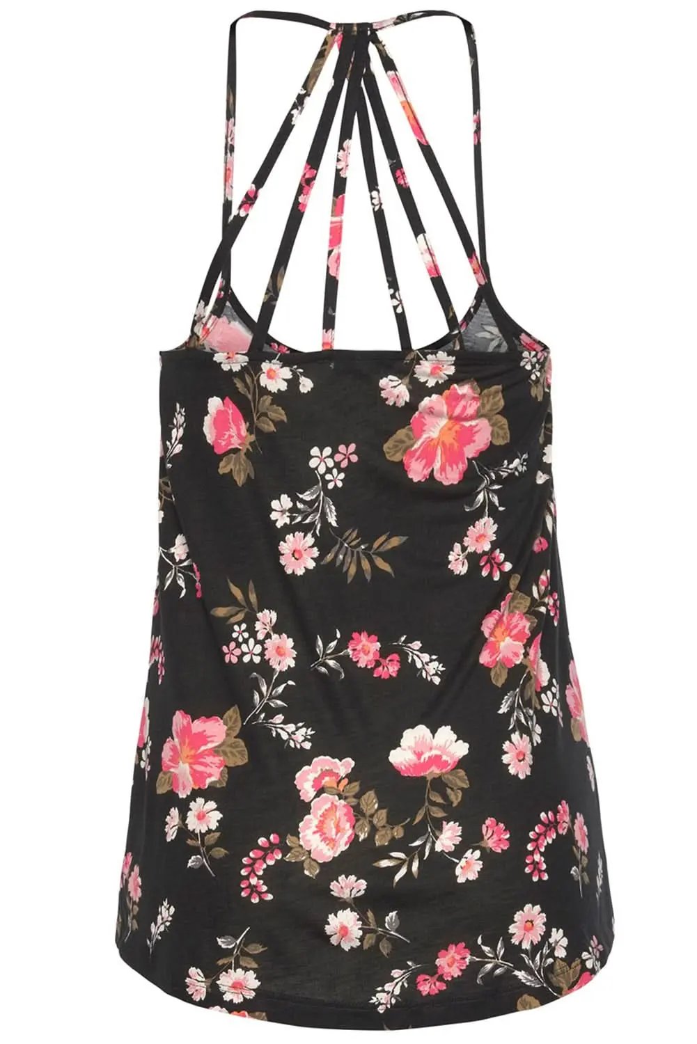 Love Salve Black Floral Tank Top Women's Bohemian Summer Top Strappy Back Cute