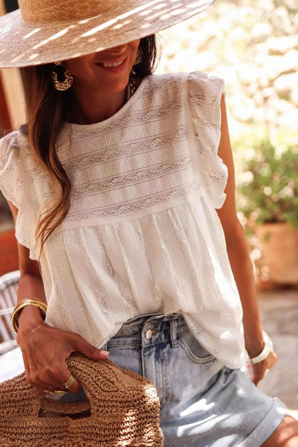 Love Salve White Ruffled Lace Flowy Tank Top