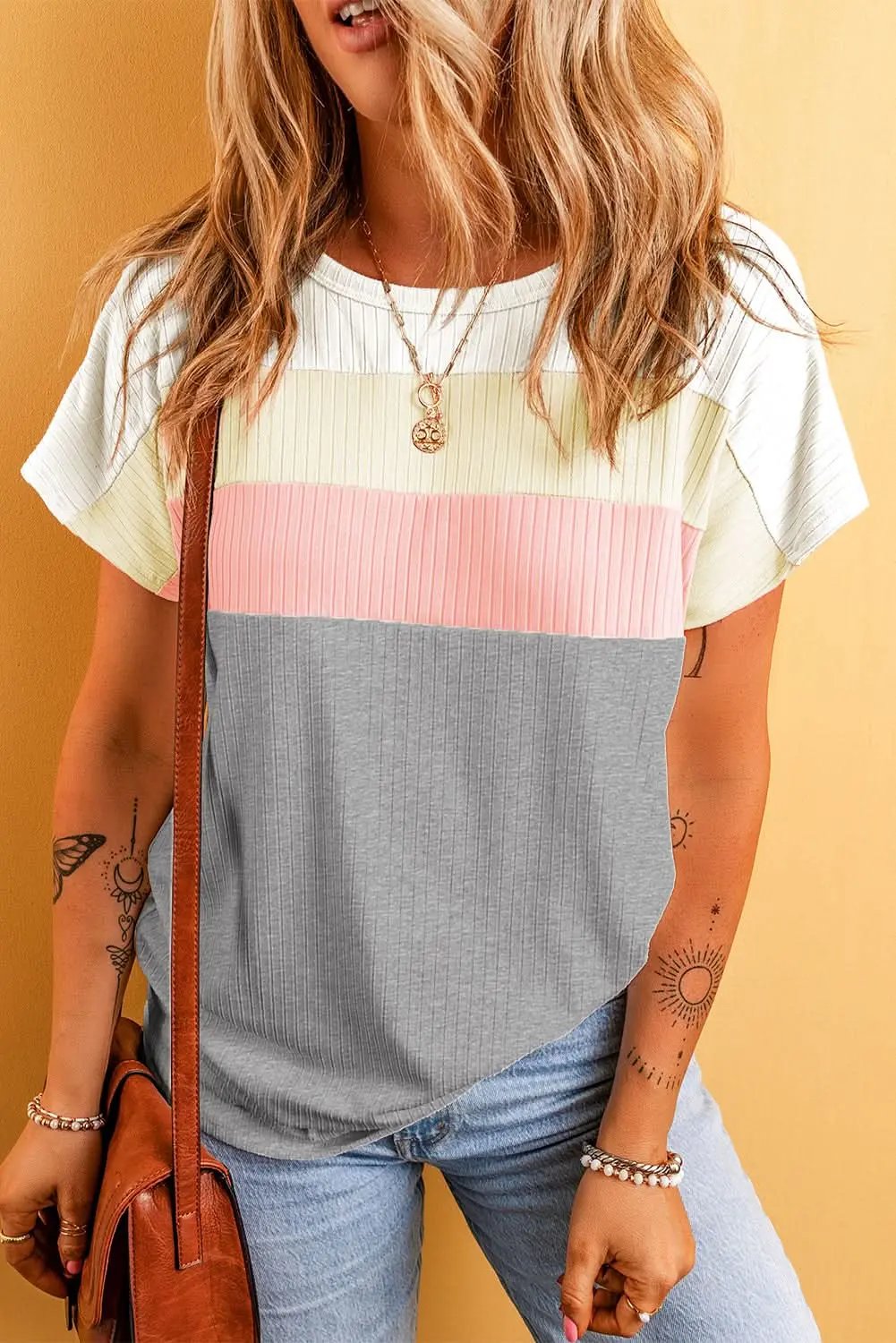 Love Salve Gray Ribbed Color Block Patchwork T-shirt