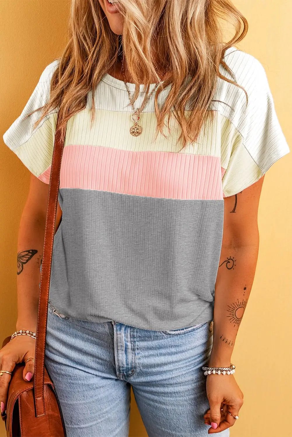 Love Salve Gray Ribbed Color Block Patchwork T-shirt