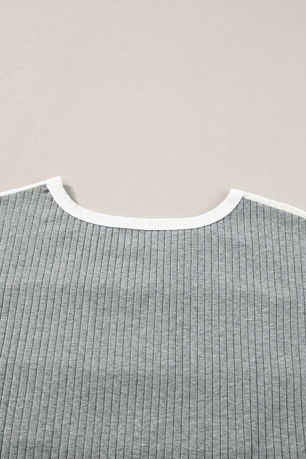 Love Salve Gray Ribbed Color Block Patchwork T-shirt