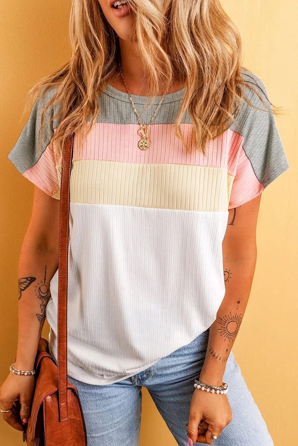 Love Salve Ribbed Color Block Tee Women's Casual T-Shirt Summer Essential