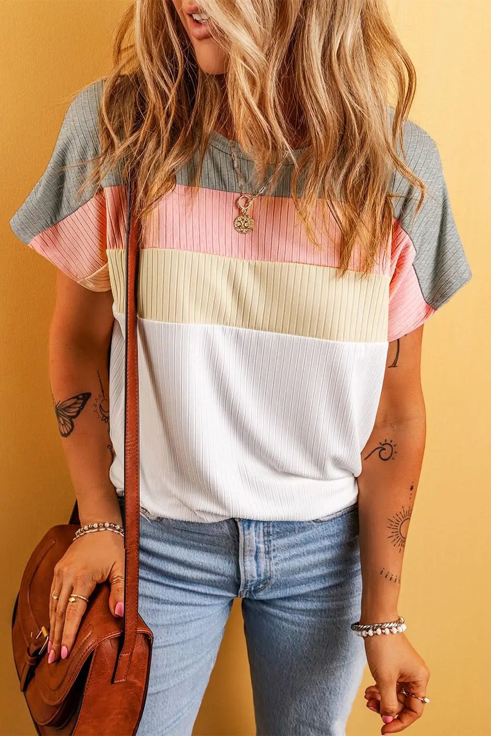 Love Salve Ribbed Color Block Tee Women's Casual T-Shirt Summer Essential