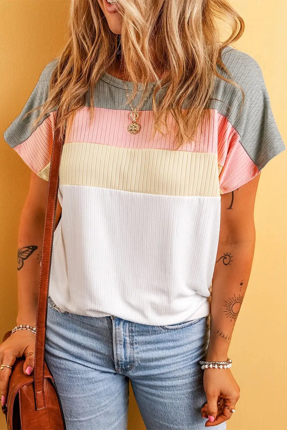 Love Salve Ribbed Color Block Tee Women's Casual T-Shirt Summer Essential
