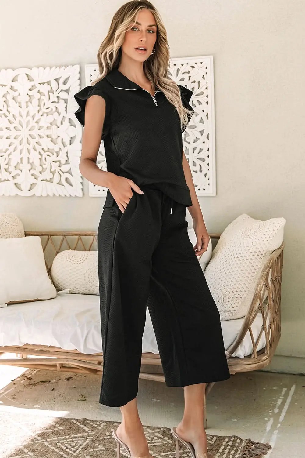Love Salve Black Set Women's Daily Wear Pant Set Ruffle Sleeve, Wide Leg