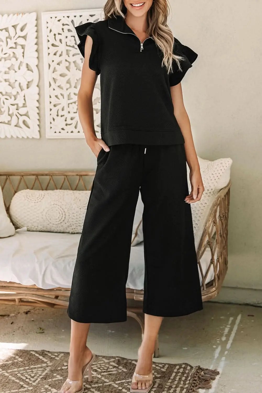Love Salve Black Set Women's Daily Wear Pant Set Ruffle Sleeve, Wide Leg