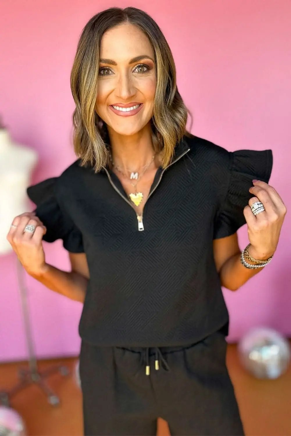 Love Salve Black Set Women's Daily Wear Pant Set Ruffle Sleeve, Wide Leg