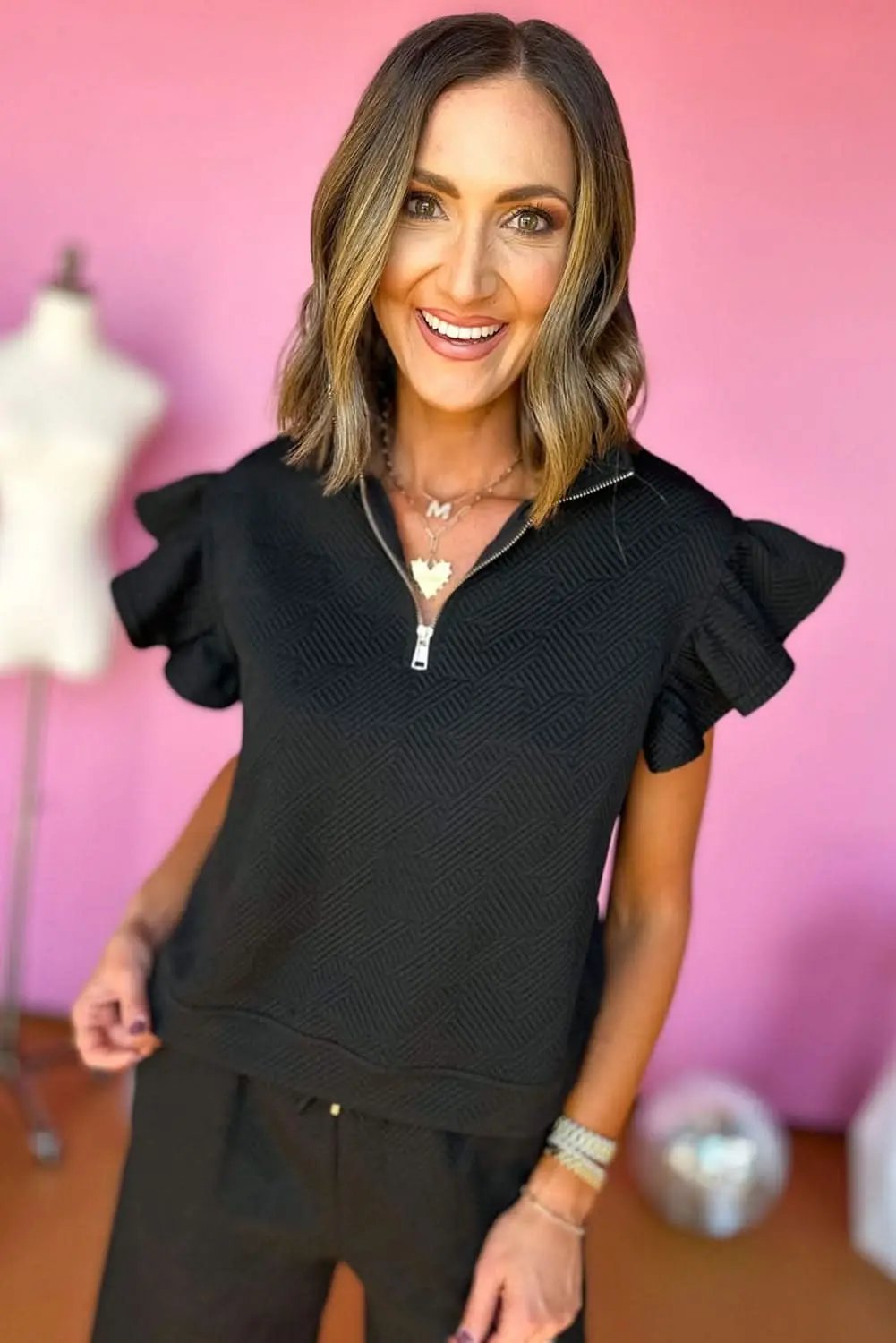 Love Salve Black Set Women's Daily Wear Pant Set Ruffle Sleeve, Wide Leg