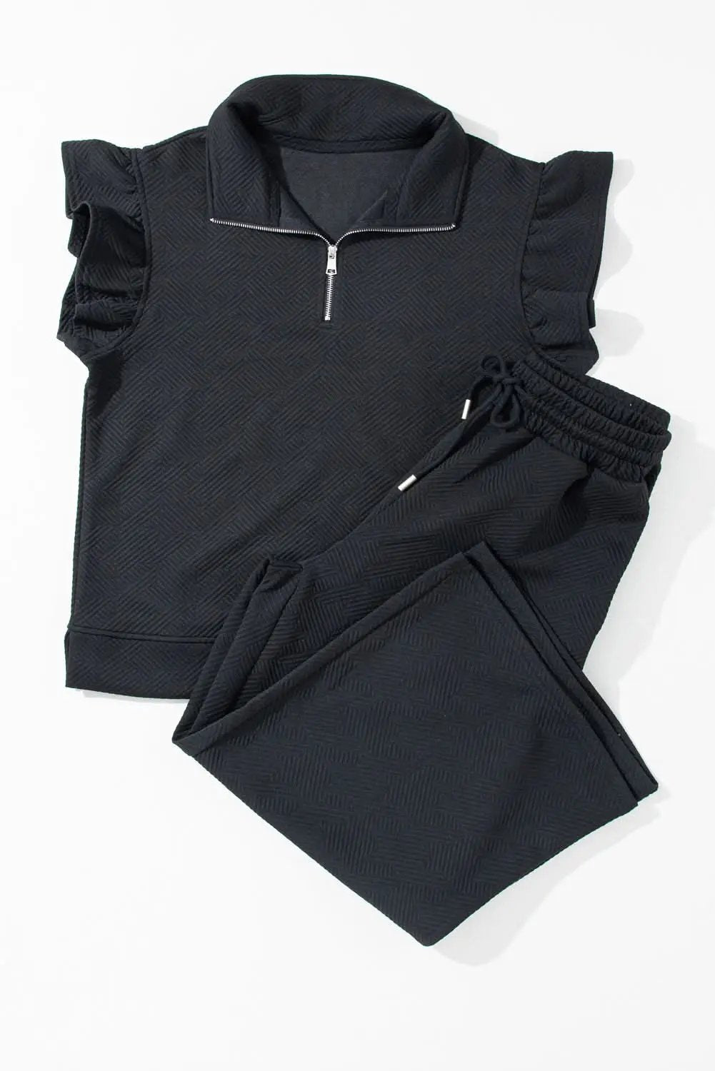 Love Salve Black Set Women's Daily Wear Pant Set Ruffle Sleeve, Wide Leg