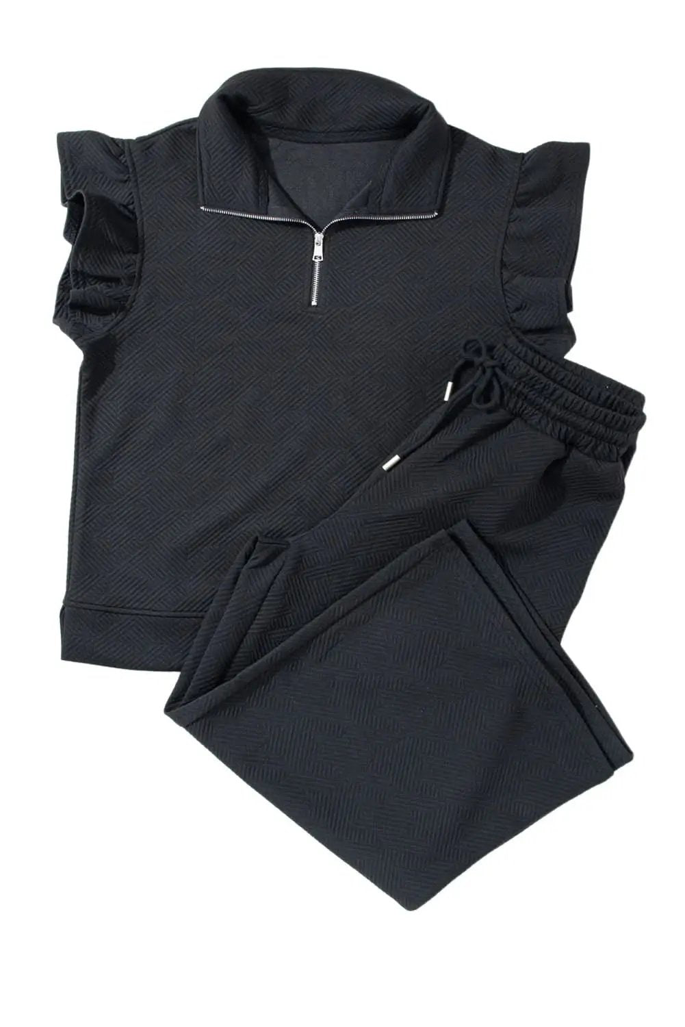 Love Salve Black Set Women's Daily Wear Pant Set Ruffle Sleeve, Wide Leg