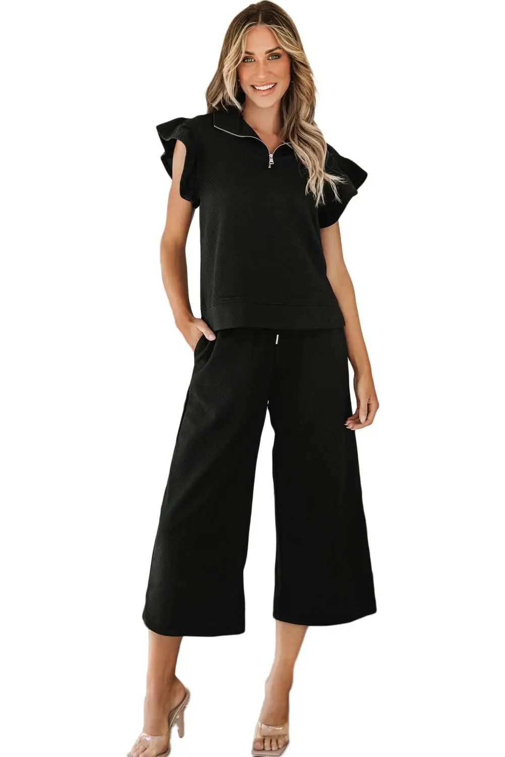 Love Salve Black Set Women's Daily Wear Pant Set Ruffle Sleeve, Wide Leg