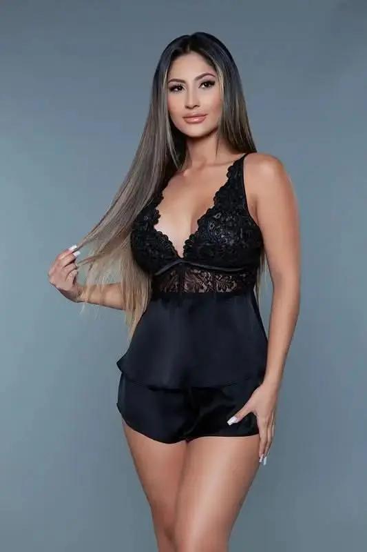 Premium BE WICKED Sienna Lace & Satin Loungewear Set Black 1X