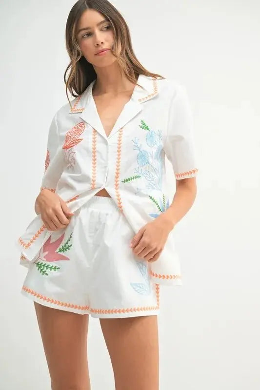 Women's Two Piece Set - Embroidered Soft Fabric - Casual Style
