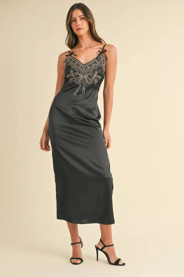 Trendsi Embroidered Cami Dress Women's Party Midi Dress Elegant, Satin, Slit