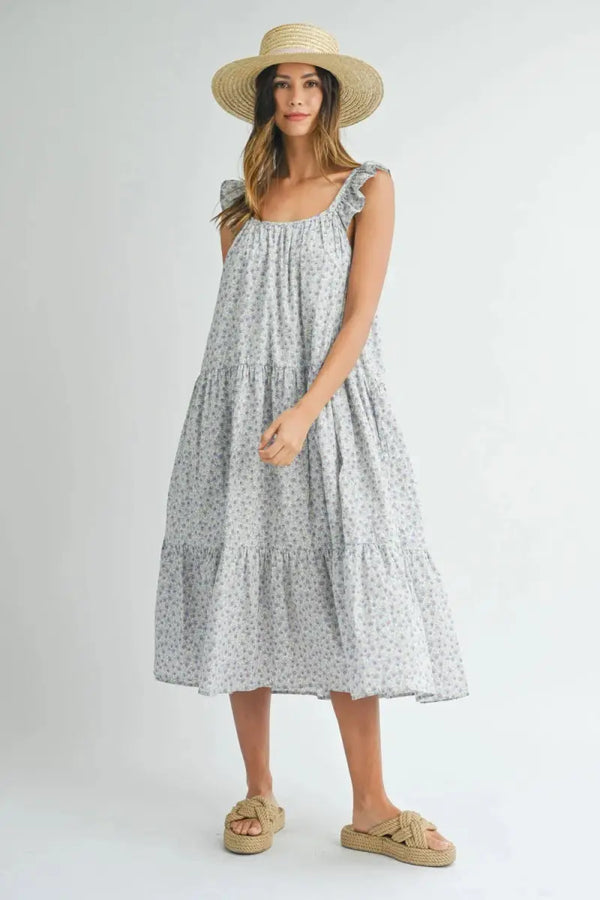 Trendsi MABLE Floral Dress Women's Casual Midi Dress Ruffle Shoulder Tiered