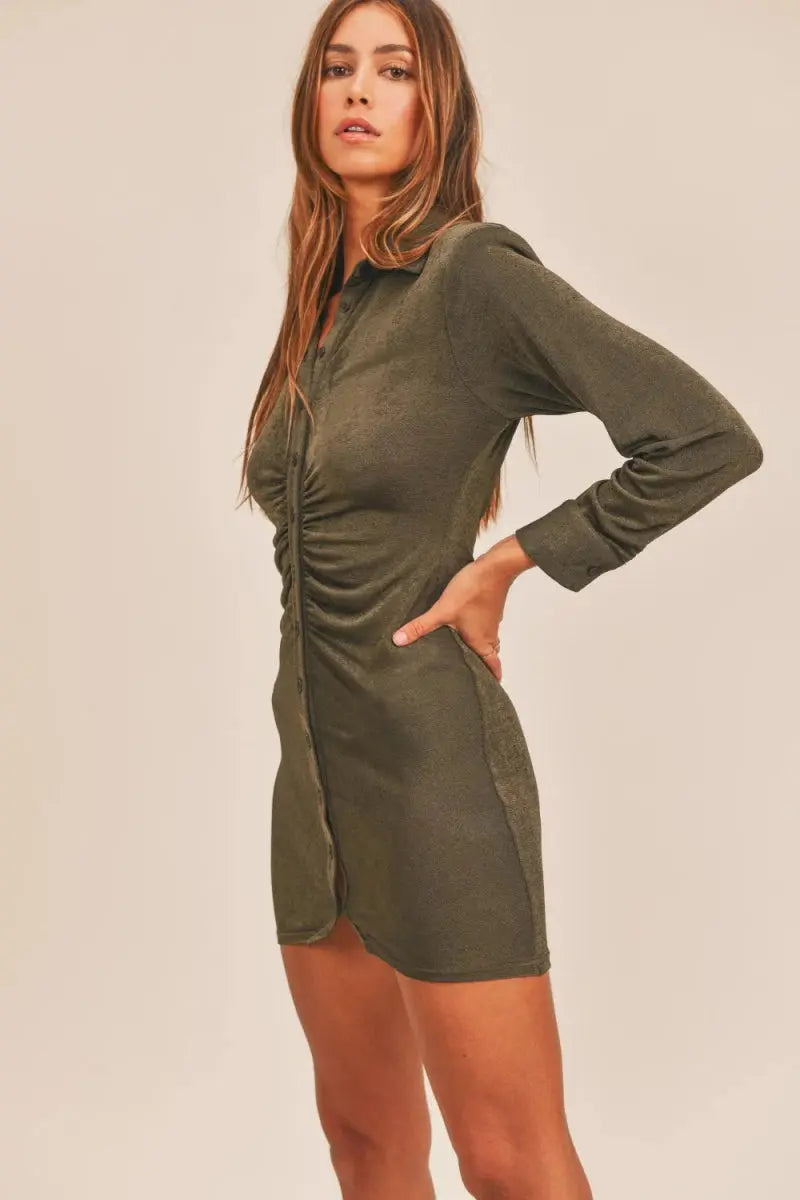 Mini Dress - Ruched Button-Down Bodycon - Casual
