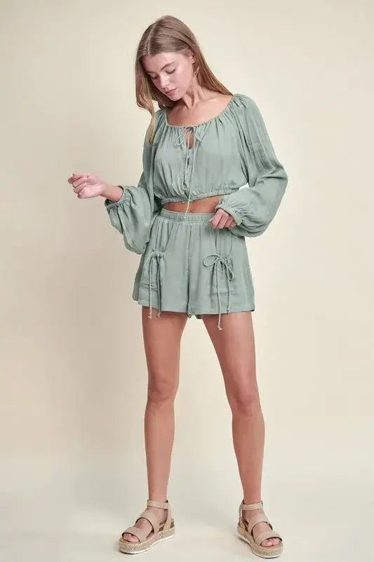 Crop Top Set - Gauze Fabric - Casual Two-Piece Outfit