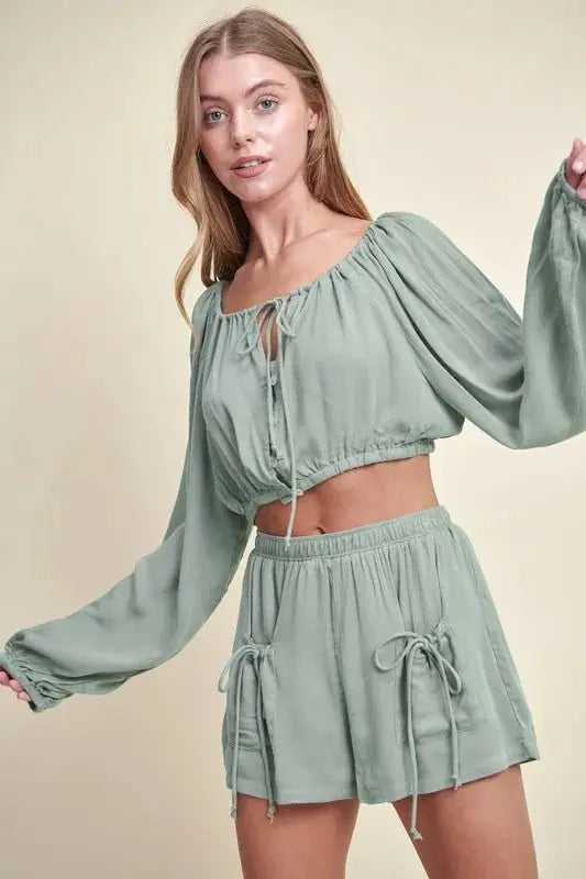 Crop Top Set - Gauze Fabric - Casual Two-Piece Outfit