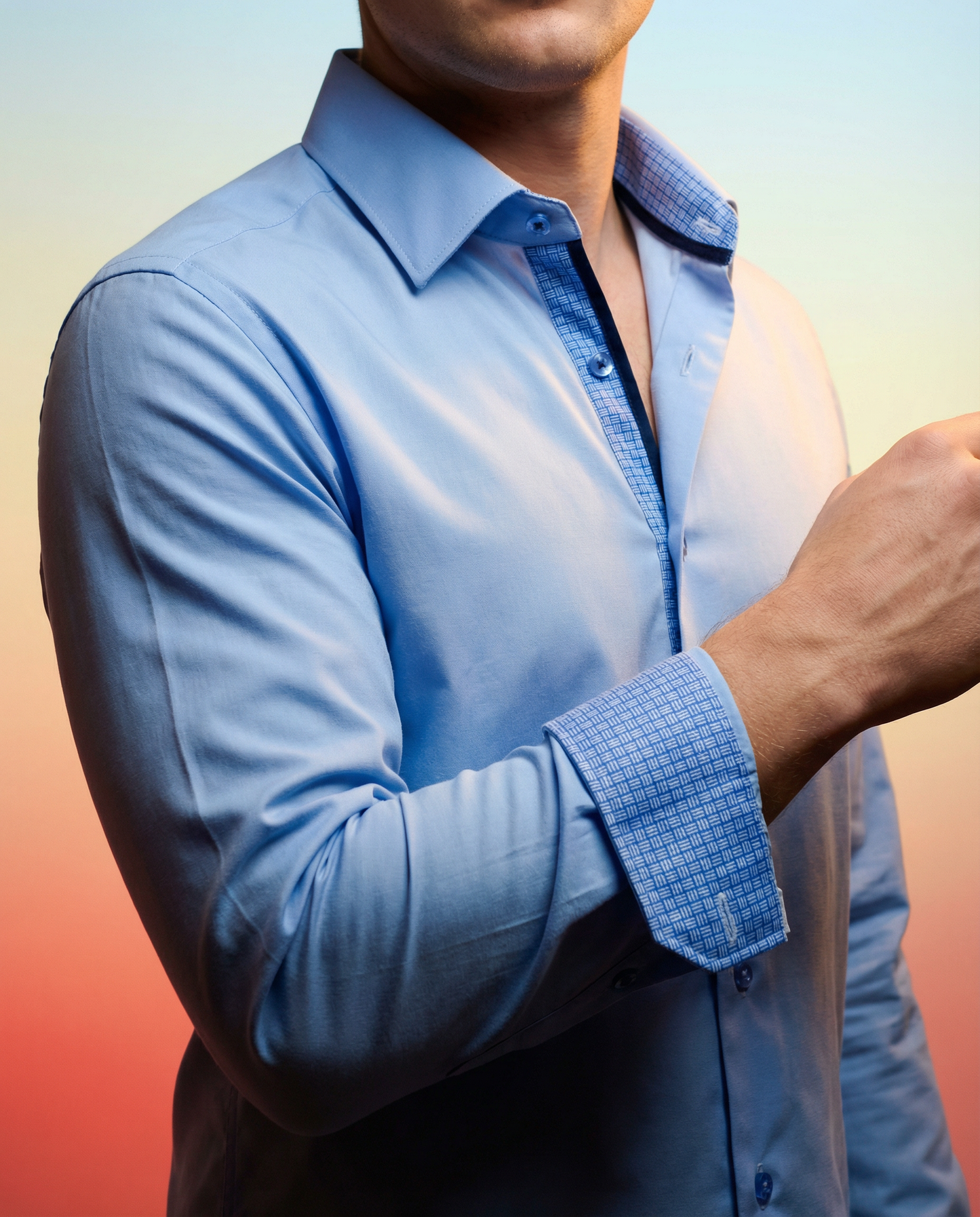 Levy// Cotton Knit-Stretch Button-Up Shirt With Contrast Details // Blue // Tailored Fit (Fitted)