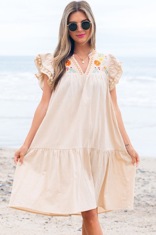 Meredith Embroidery Split Neck Short Dress