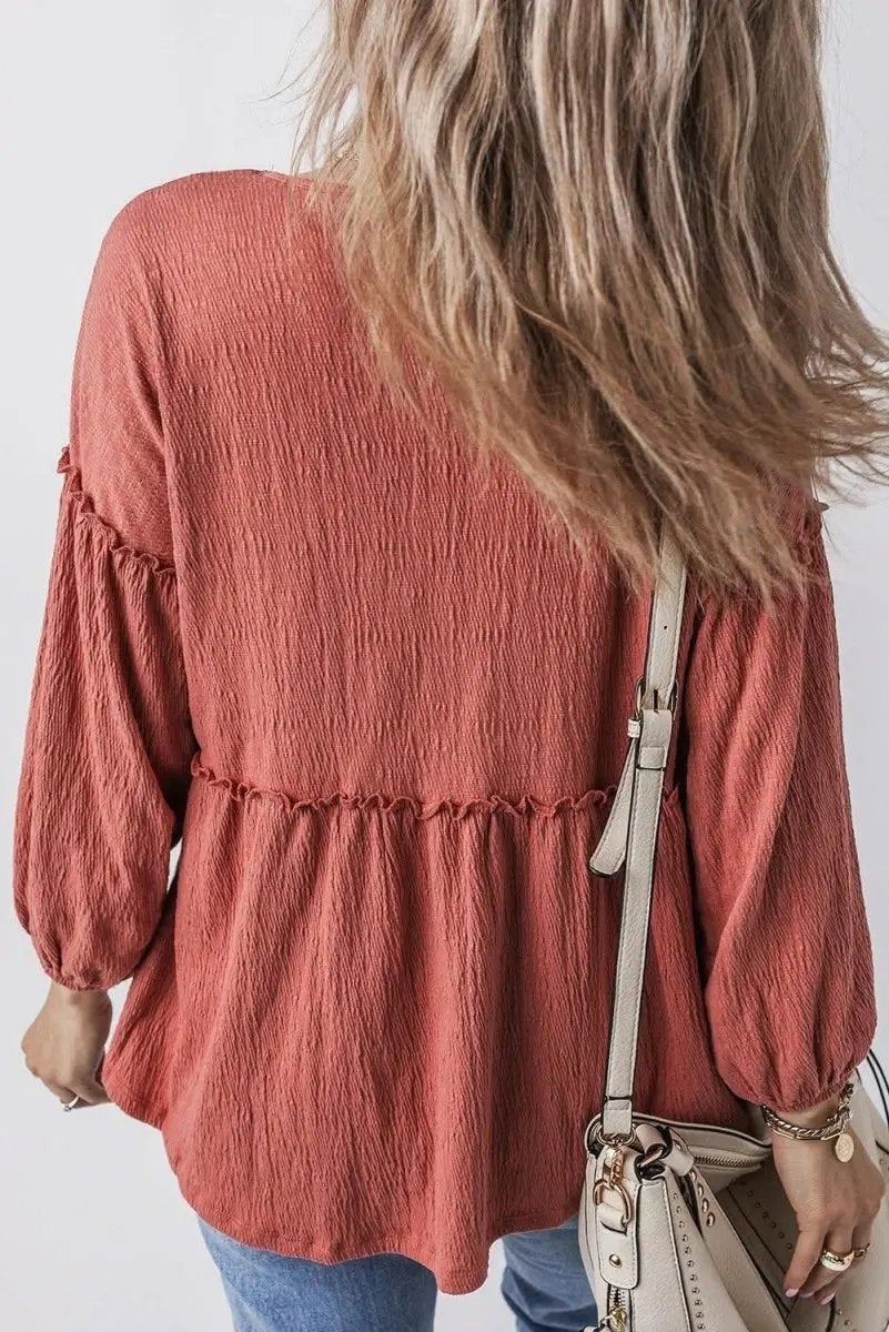 Women's Textured V-Neck Puff Sleeve Blouse - Frilled Trim - Mineral Red