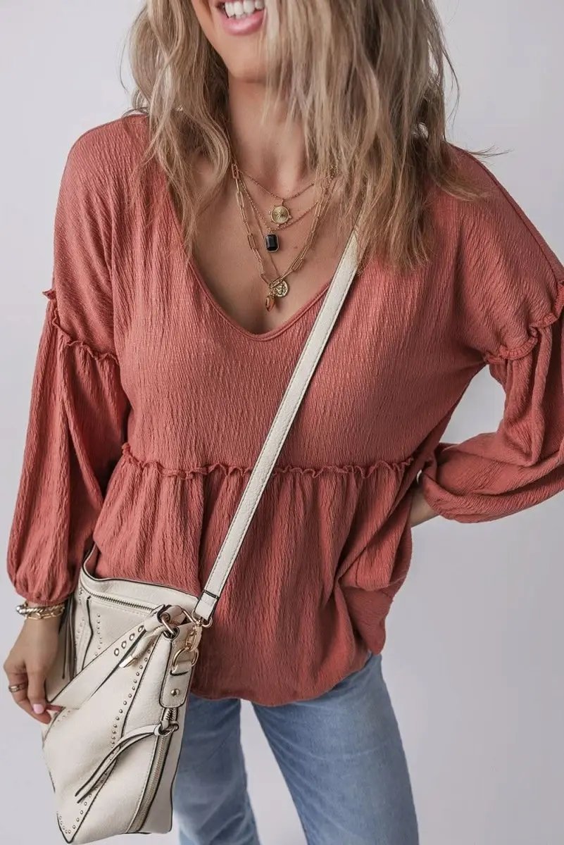Women's Textured V-Neck Puff Sleeve Blouse - Frilled Trim - Mineral Red