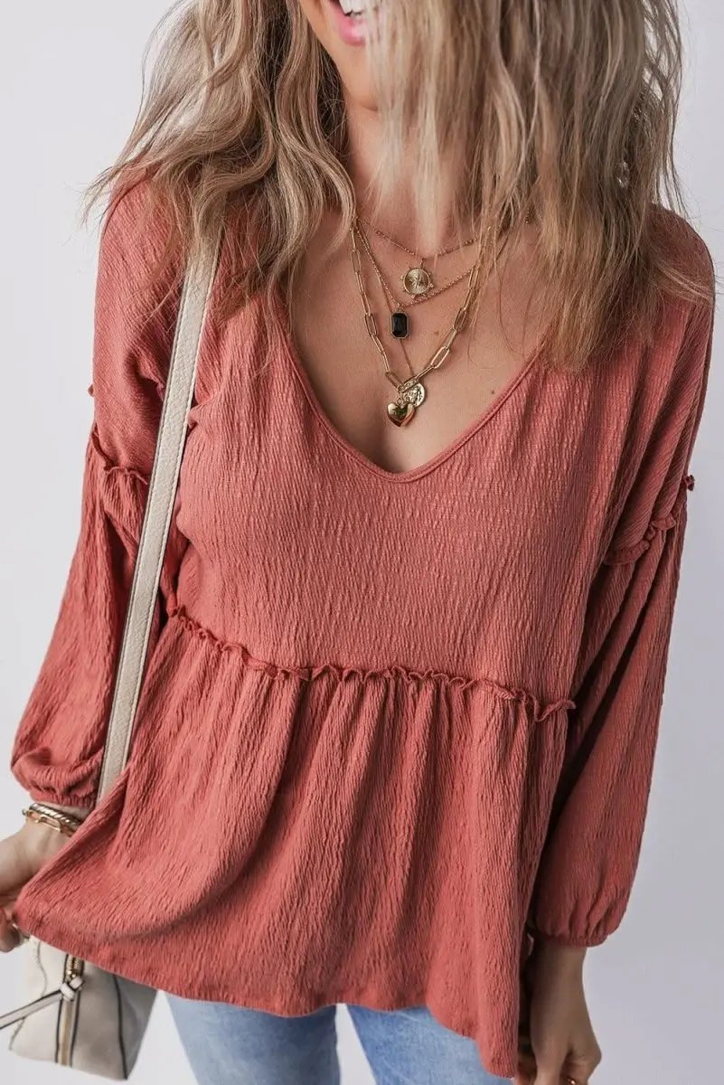 Women's Textured V-Neck Puff Sleeve Blouse - Frilled Trim - Mineral Red