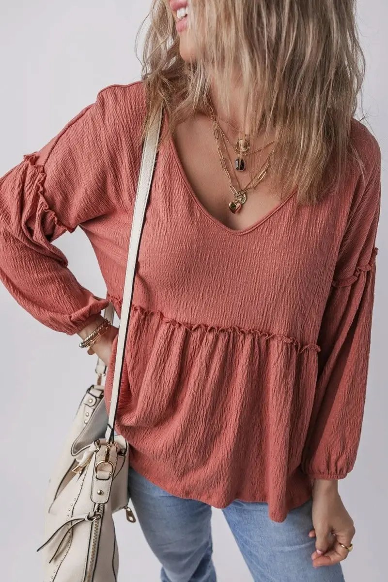 Women's Textured V-Neck Puff Sleeve Blouse - Frilled Trim - Mineral Red