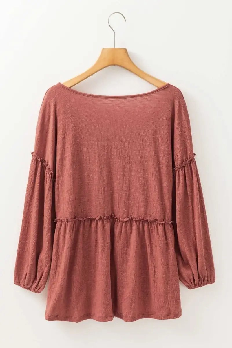 Women's Textured V-Neck Puff Sleeve Blouse - Frilled Trim - Mineral Red