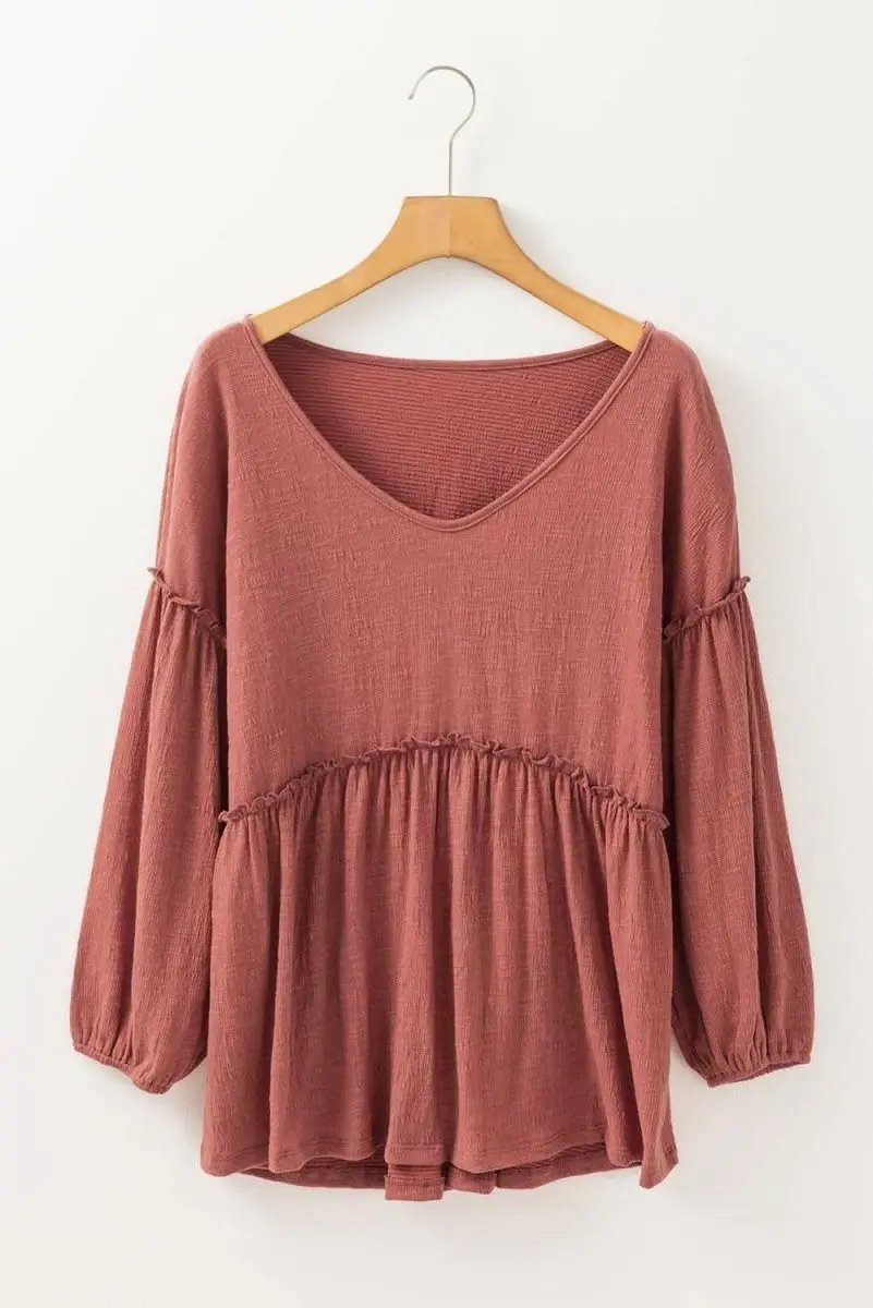 Women's Textured V-Neck Puff Sleeve Blouse - Frilled Trim - Mineral Red