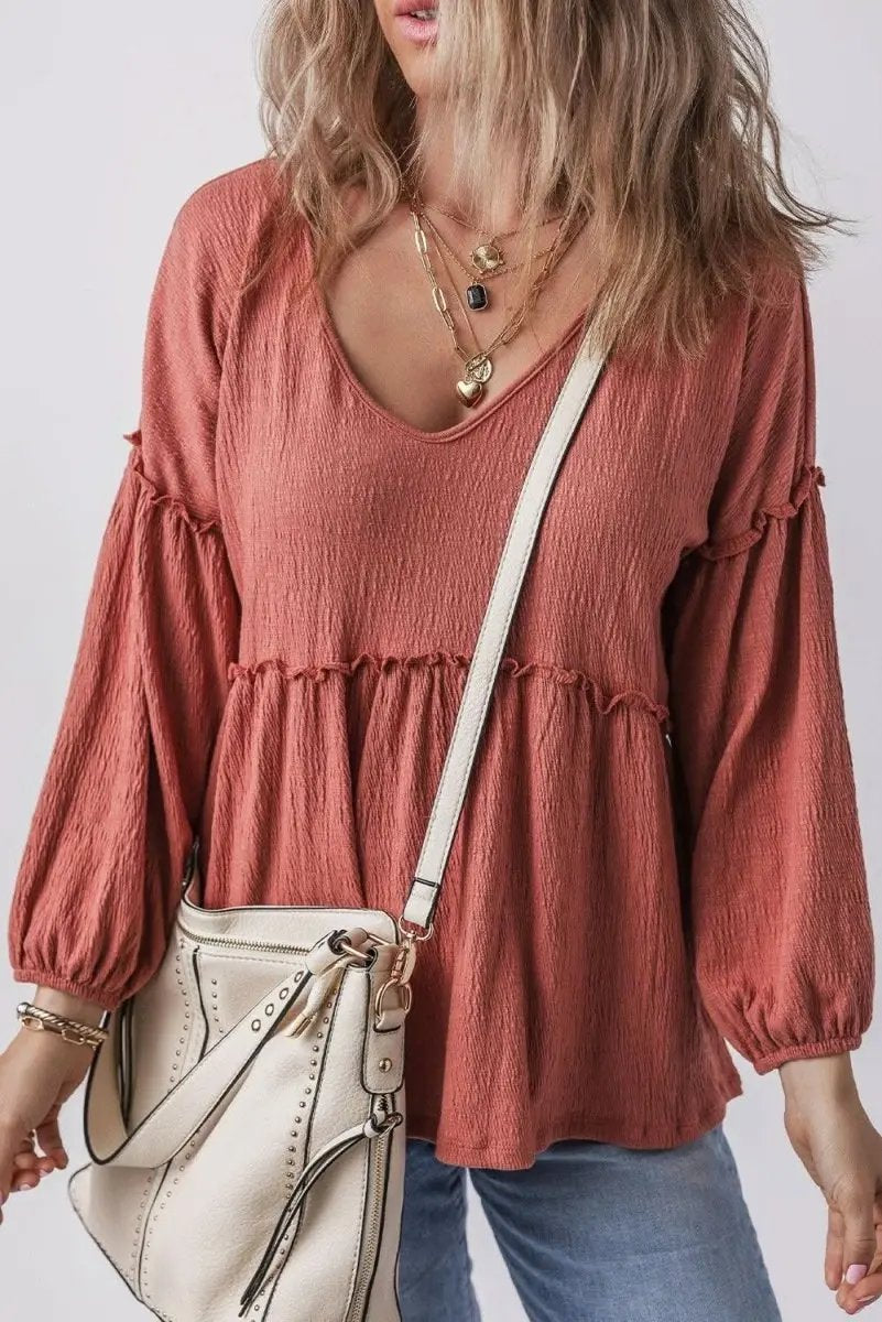 Women's Textured V-Neck Puff Sleeve Blouse - Frilled Trim - Mineral Red