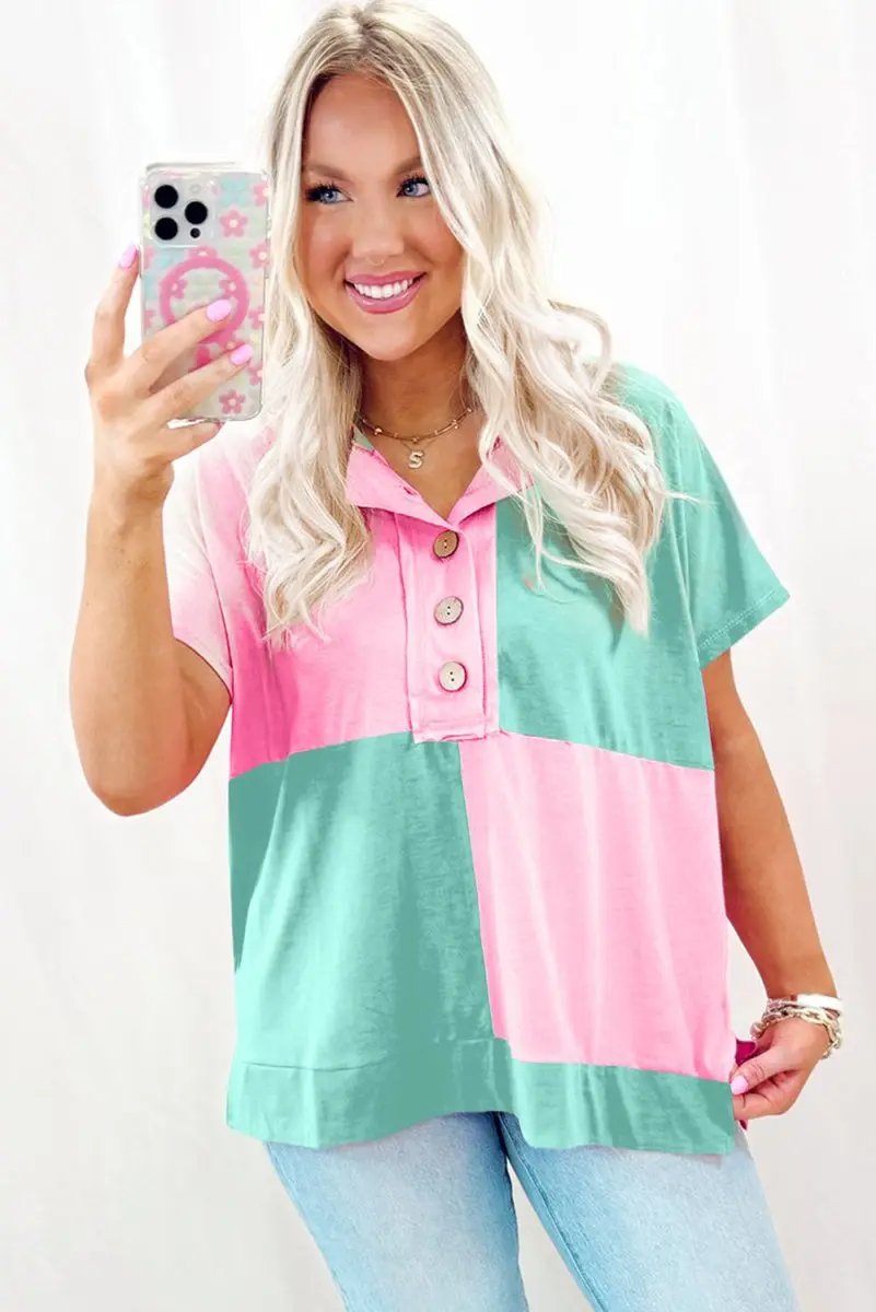 Love Salve Mint Green Tee Women's Daily Wear Collared Half Button Casual Top