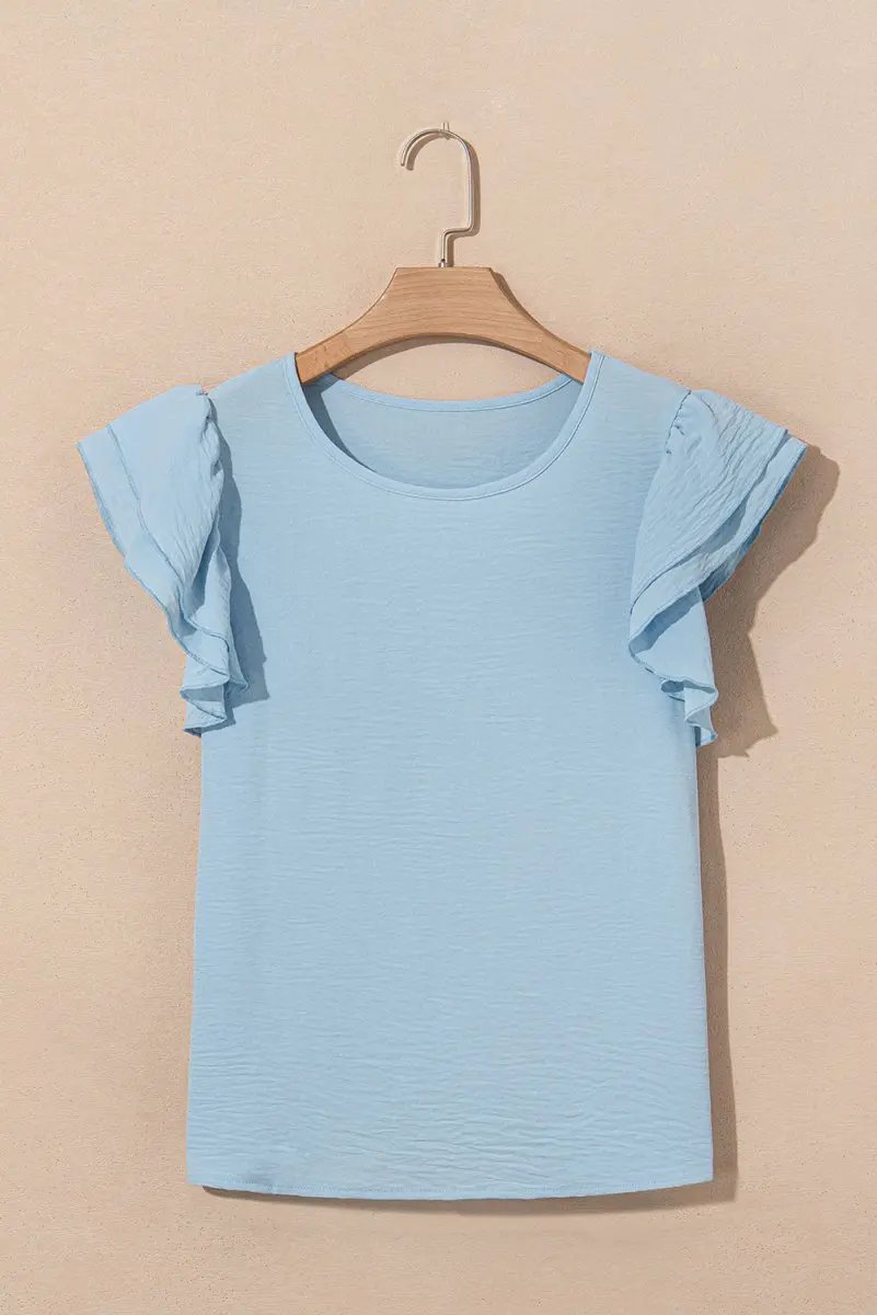 Love Salve Mist Blue Blouse Women's Daily Ruffled Sleeve Elegant Top