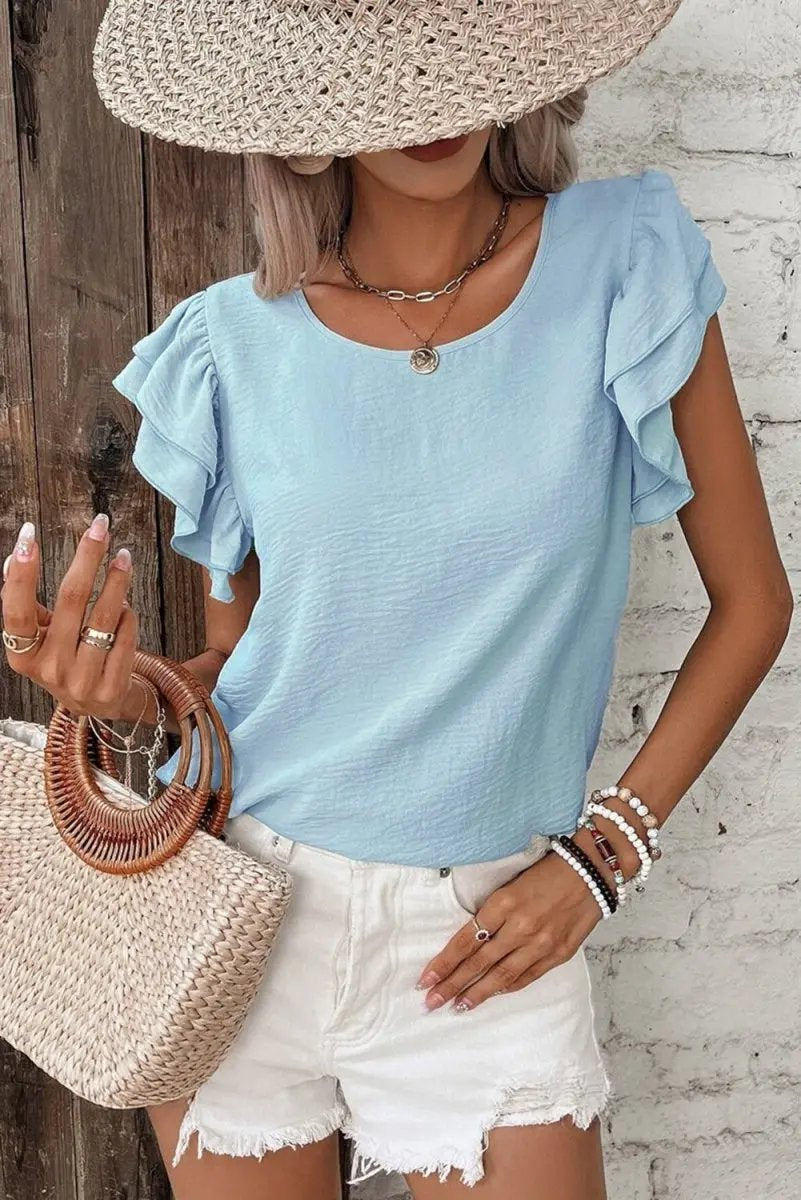 Love Salve Mist Blue Blouse Women's Daily Ruffled Sleeve Elegant Top