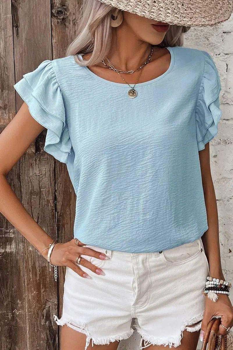 Love Salve Mist Blue Blouse Women's Daily Ruffled Sleeve Elegant Top