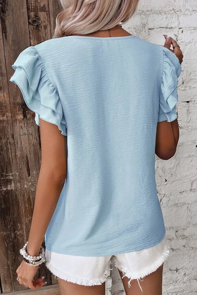 Love Salve Mist Blue Blouse Women's Daily Ruffled Sleeve Elegant Top