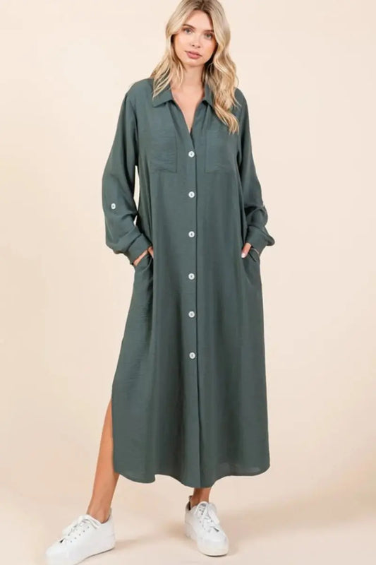 Trendsi Airflow Maxi Dress Women's Casual Long Sleeve V-Neck Flowy Dress