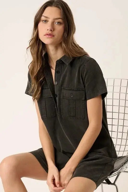 Trendsi Button Detail Dress Women's Casual Day Dress Short Sleeve Chic
