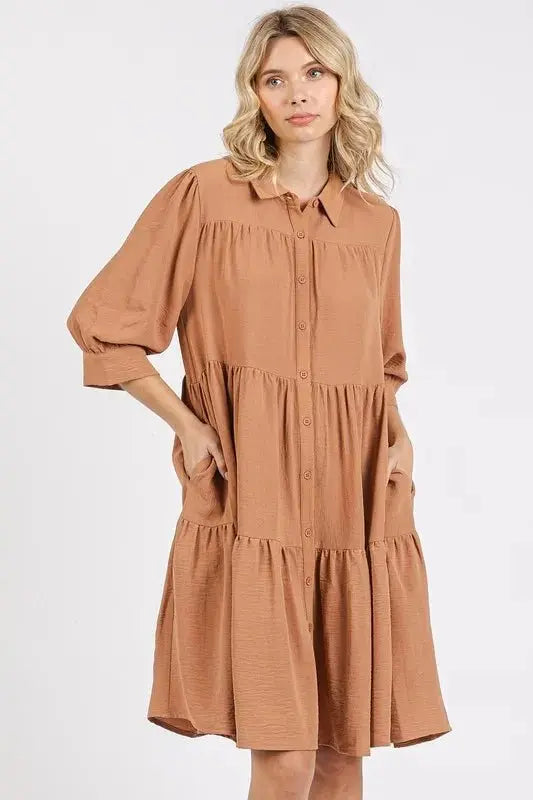 Trendsi Button Detail Dress Women's Casual Tiered Shirt Dress Flowy, USA Ship