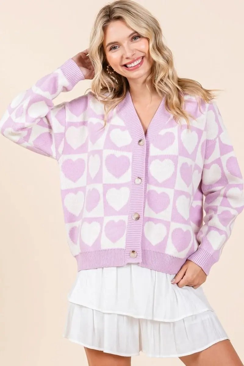 Trendsi Checkered Heart Cardigan Women's Cute Button Down Knit Sweater