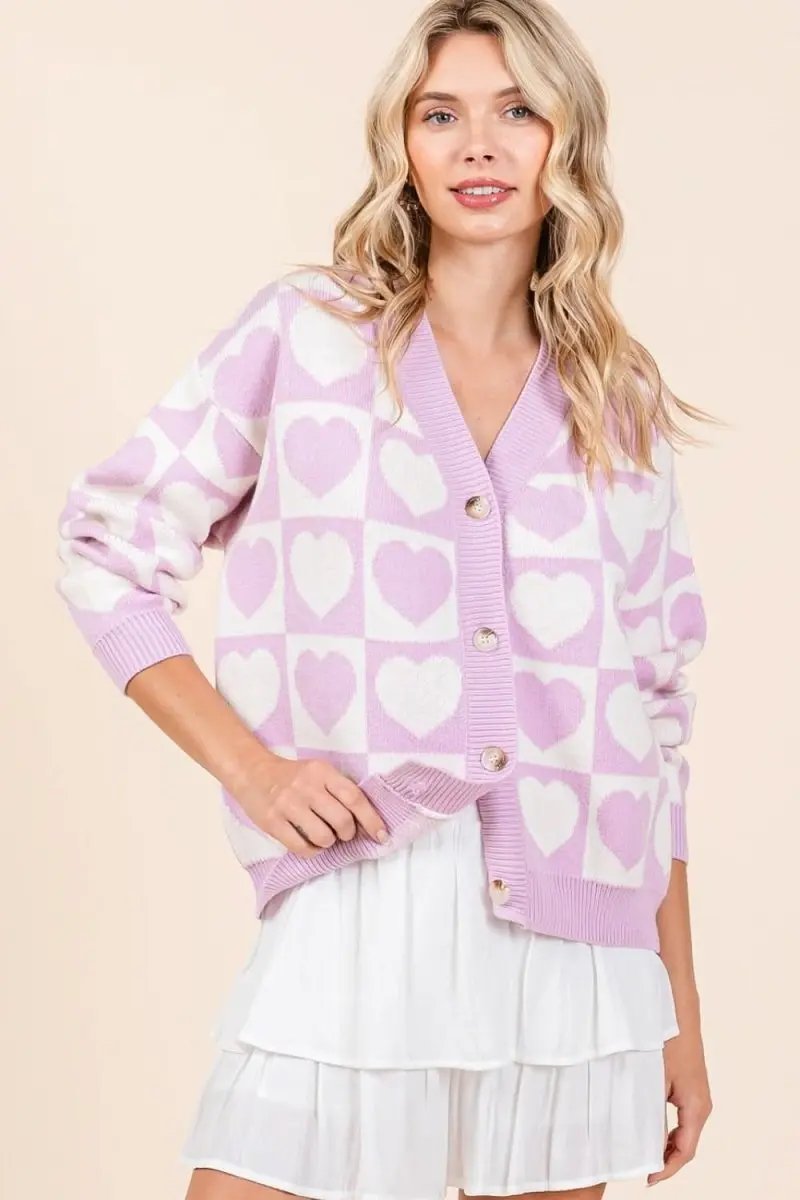 Trendsi Checkered Heart Cardigan Women's Cute Button Down Knit Sweater