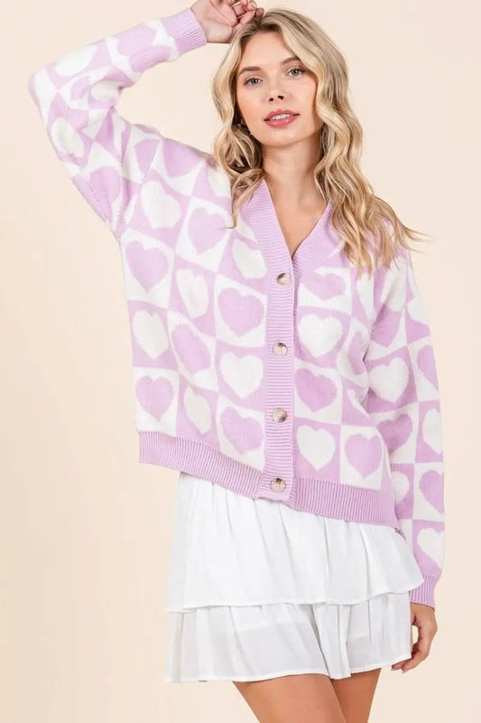 Trendsi Checkered Heart Cardigan Women's Cute Button Down Knit Sweater