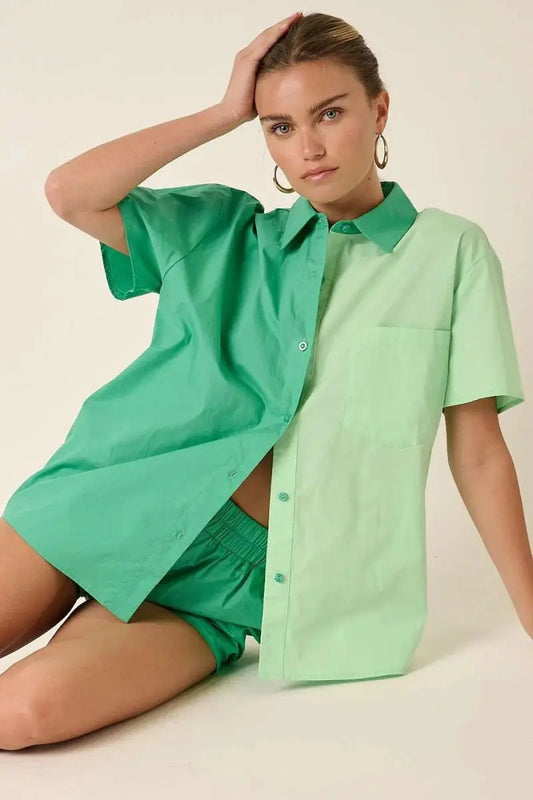 Women's Two-Piece Set - Color Block - Casual Shirt & Shorts