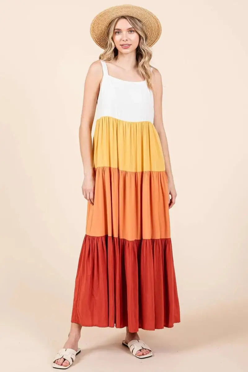 Trendsi Color Block Maxi Dress Women's Casual Tiered Long Dress - Flowy & Comfy
